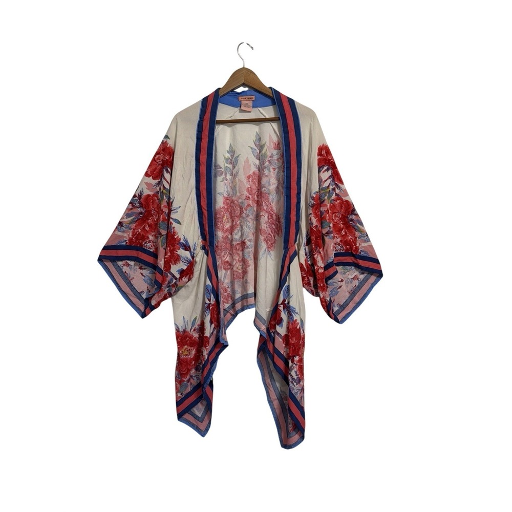 Flying Tomato Floral Kimono Cardigan M/L Cream Red Blue Rayon Open Front IJ9887C